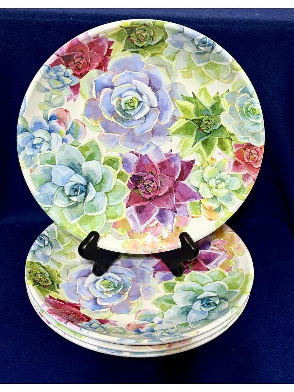Set of 4 ~ Cactus Succulent Bloom 11 in Melamine Dinner Plates Rachel Ashwell